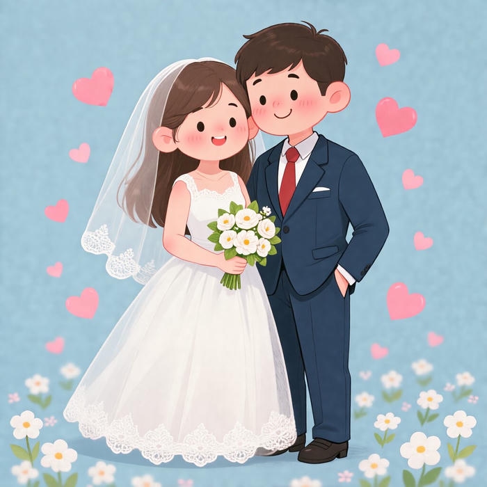 chibi cưới ôm nhau vui vẻ