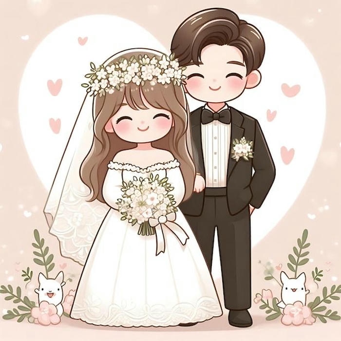 cô dâu chú rể chibi nắm tay đi chơi