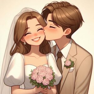 cô dâu chú rể chibi ôm nhau vui vẻ