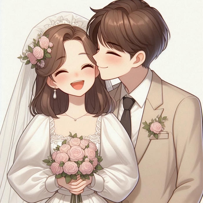 cô dâu chú rể chibi tươi cười