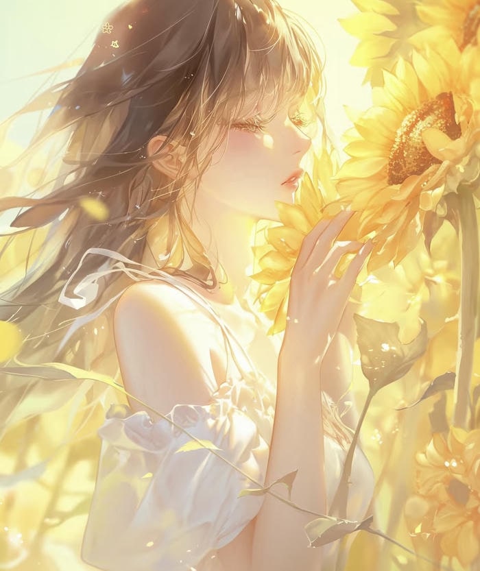 cô gái anime trong vườn hướng dương