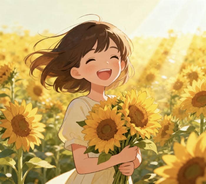 cô gái anime và hoa hướng dương