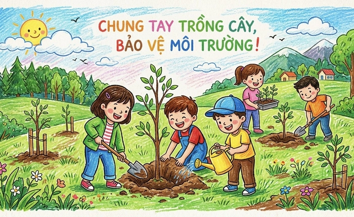 hình ảnh học sinh cùng nhau trồng cây gây rừng