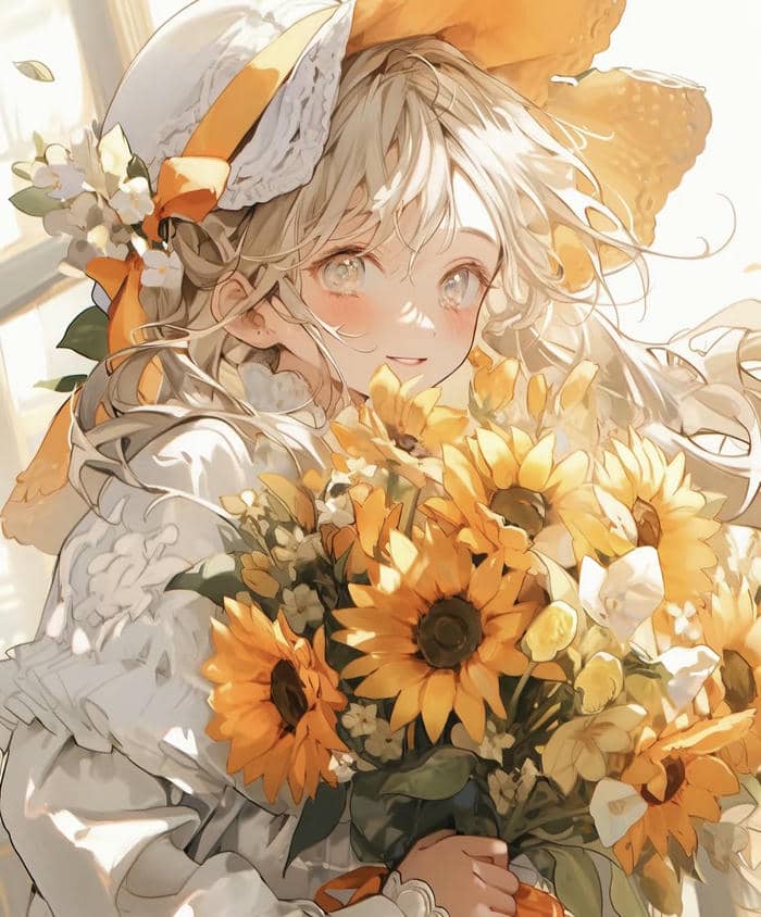 hình anime bên hoa vàng