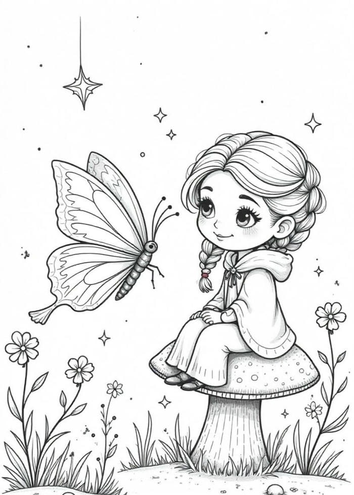 những trang tô màu bướm và bé