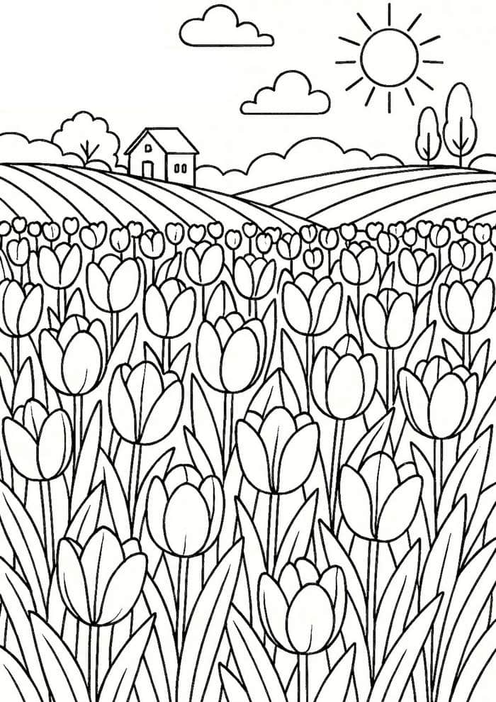 những trang tô màu đồng tulip đơn giản