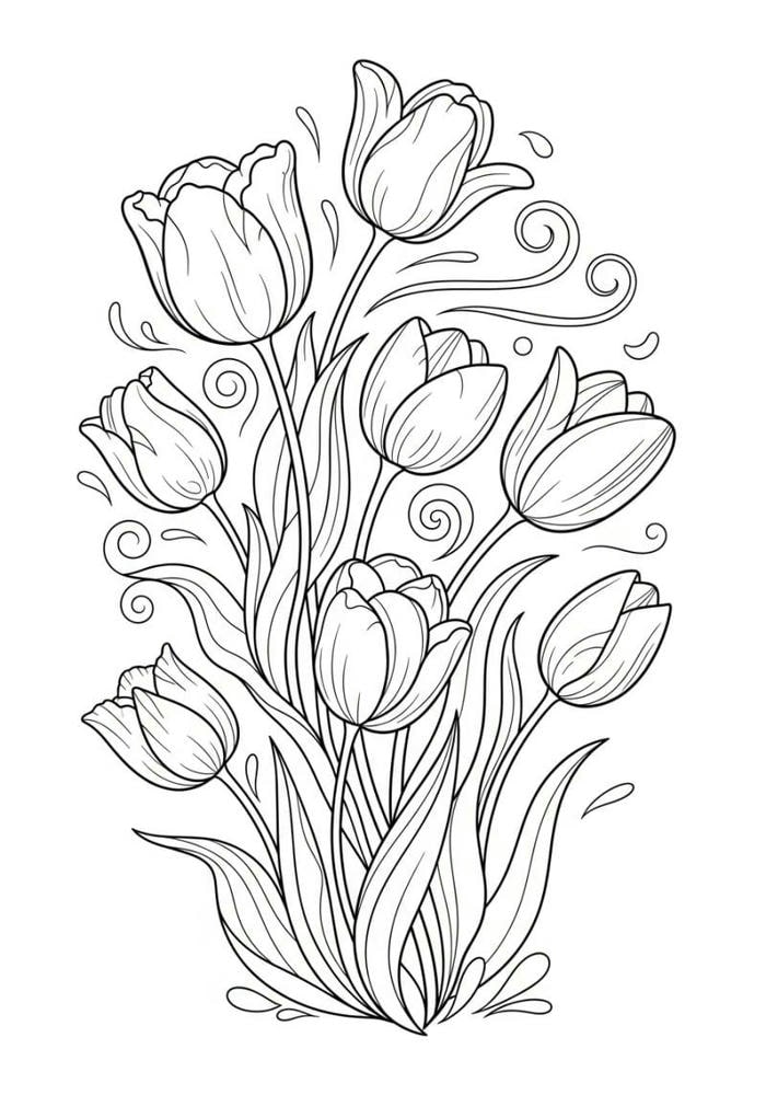 những trang tô tulip nét cong mềm