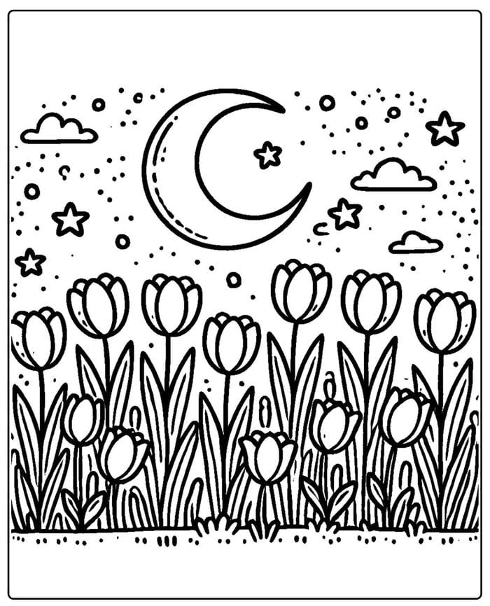 những trang tranh mây và tulip tô màu