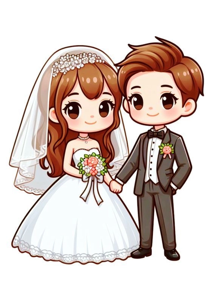 tranh cô dâu chú rể hoạt hình ngọt ngào lãng mạn