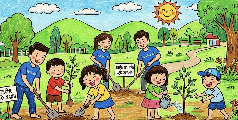 tranh học sinh tham gia hoạt động nhân ái