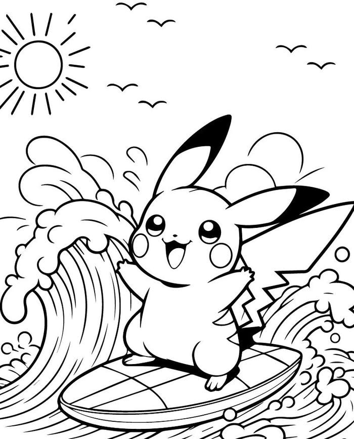 tranh pikachu lướt sóng trên biển