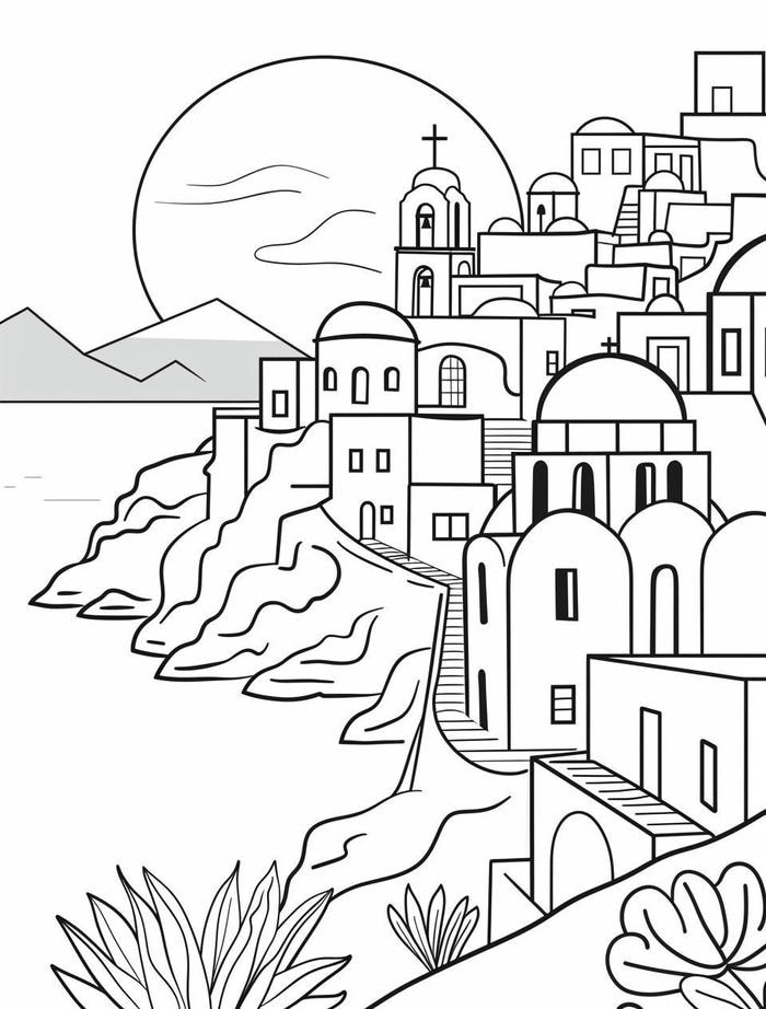 tranh tô màu cảnh biển với núi xa