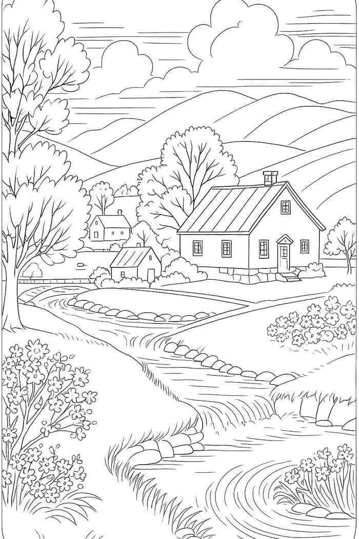 tranh tô màu cảnh làng cho bé tập tô