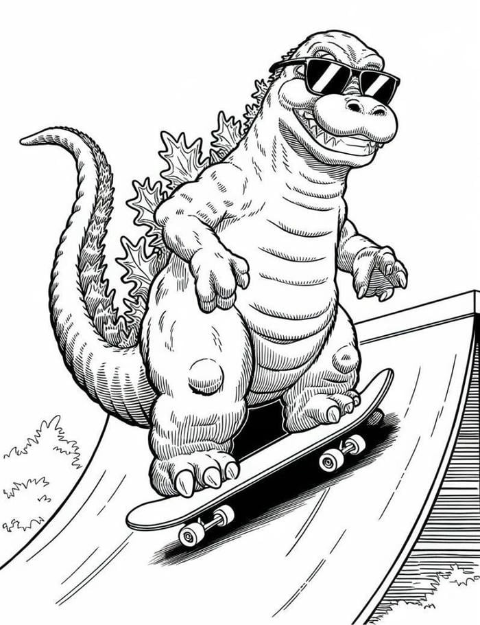 tranh tô màu godzilla trượt ván ngầu