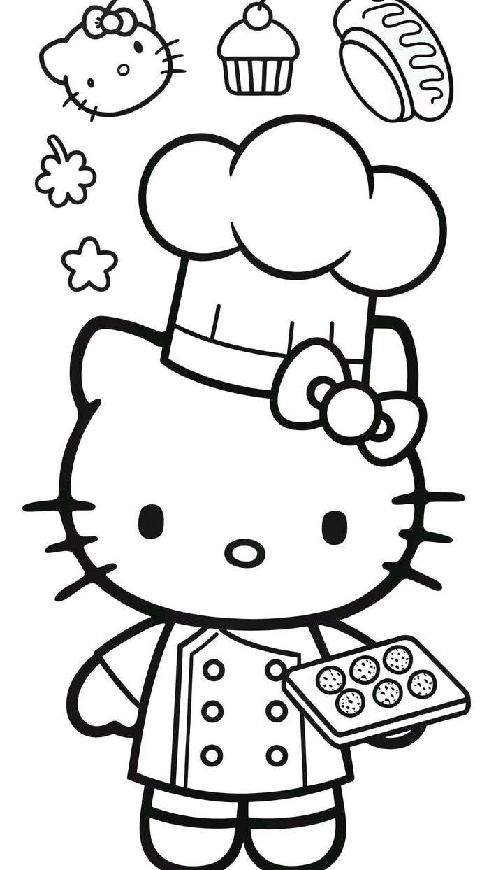 tranh tô màu hello kitty làm đầu bếp