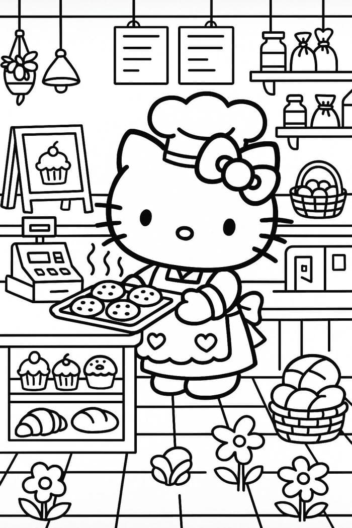 tranh tô màu hello kitty nướng bánh