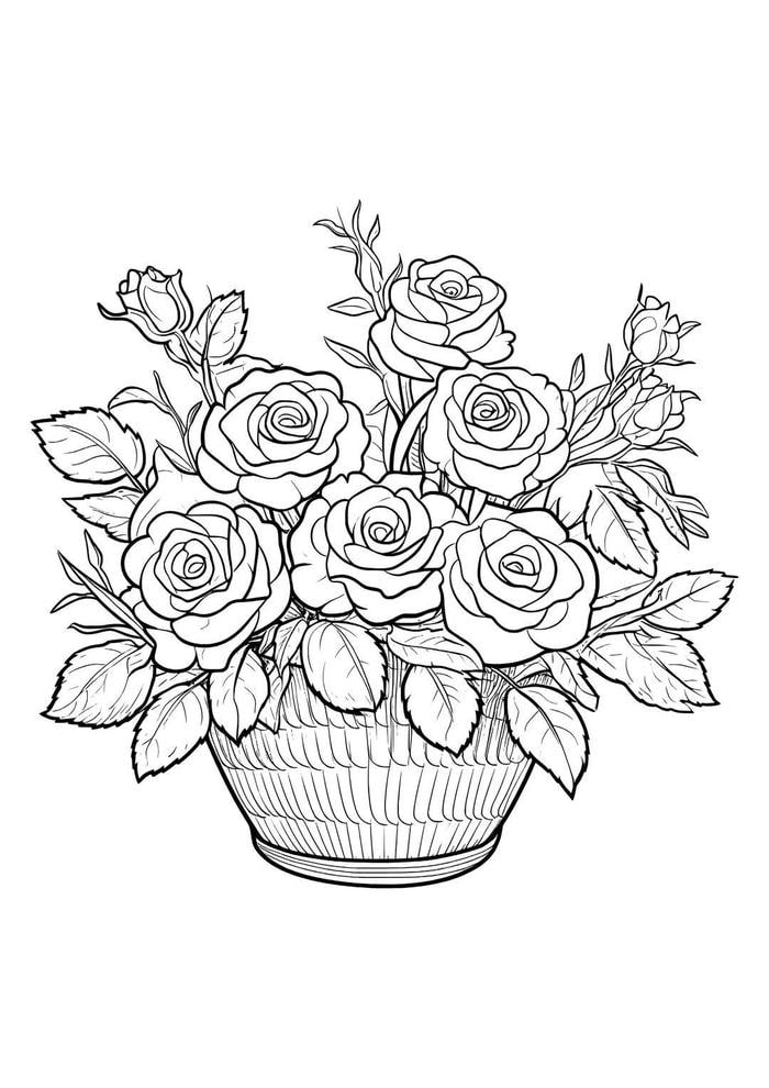 tranh tô màu hoa hồng trong giỏ