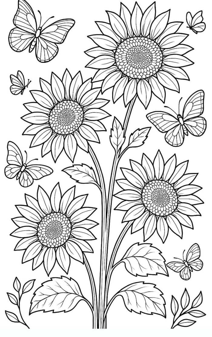 tranh tô màu hoa hướng dương nhiều cành