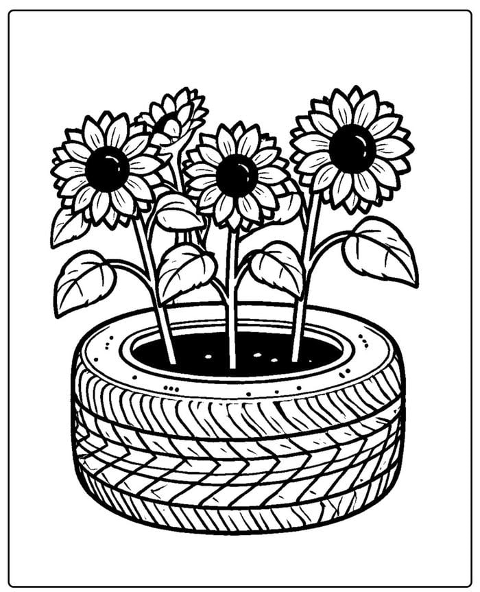 tranh tô màu hoa hướng dương trong lốp xe