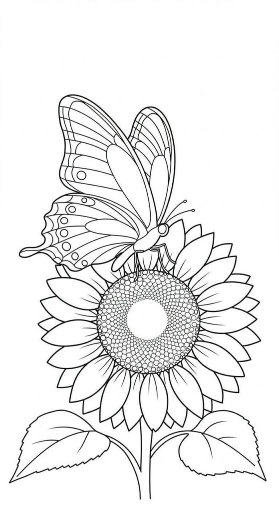 tranh tô màu hoa hướng dương và bướm
