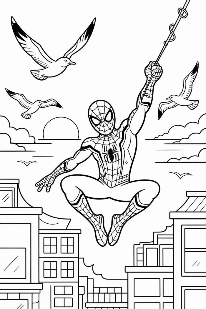 tranh tô màu người nhện đu dây tơ