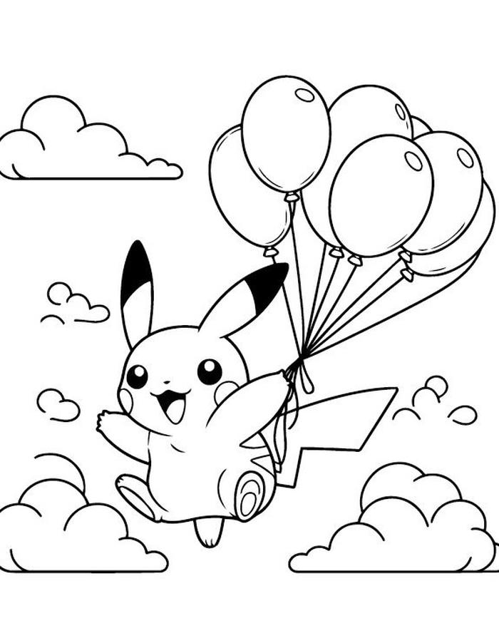 tranh tô màu pikachu bay trên không