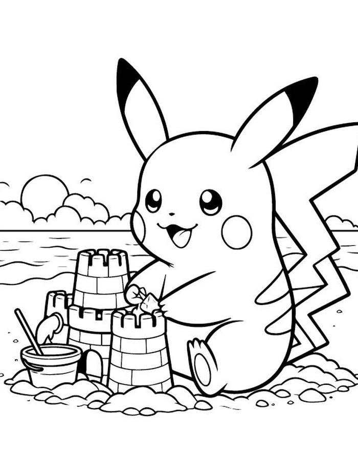 tranh tô màu pikachu xây lâu đài cát