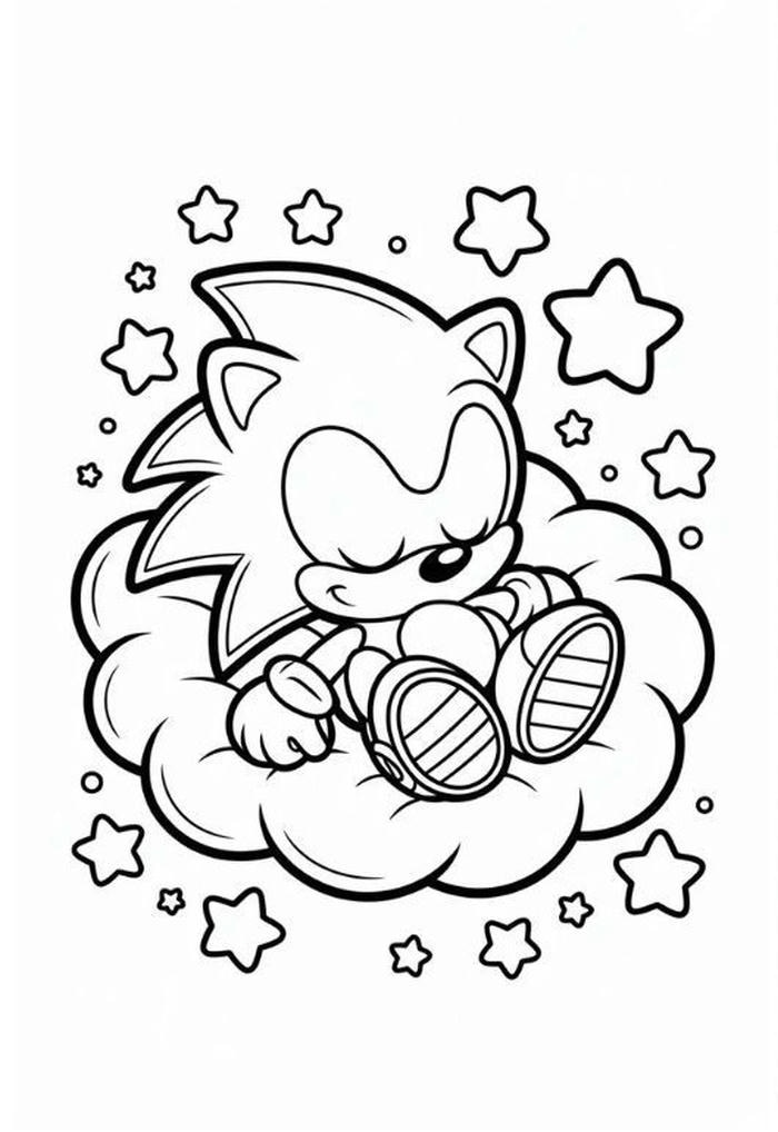 tranh tô màu sonic nằm ngủ trên mây