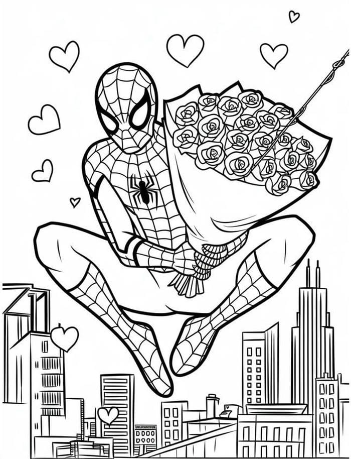 tranh tô màu spider man cầm hoa