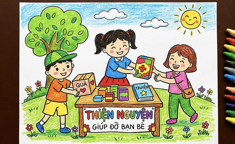 tranh vẽ hoạt động thiện nguyện nhân đạo