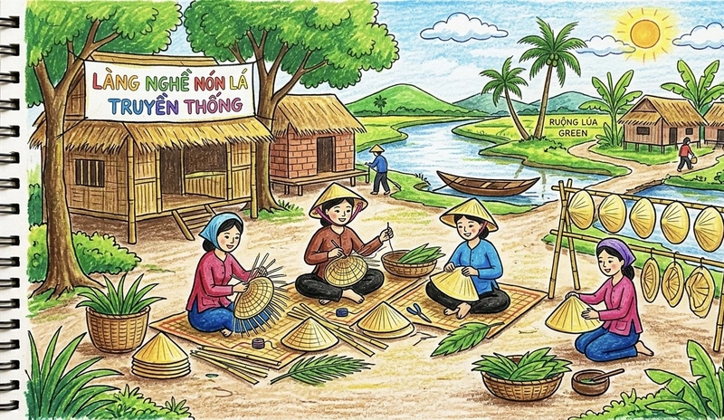 vẽ tranh làng nghề làm nón lá