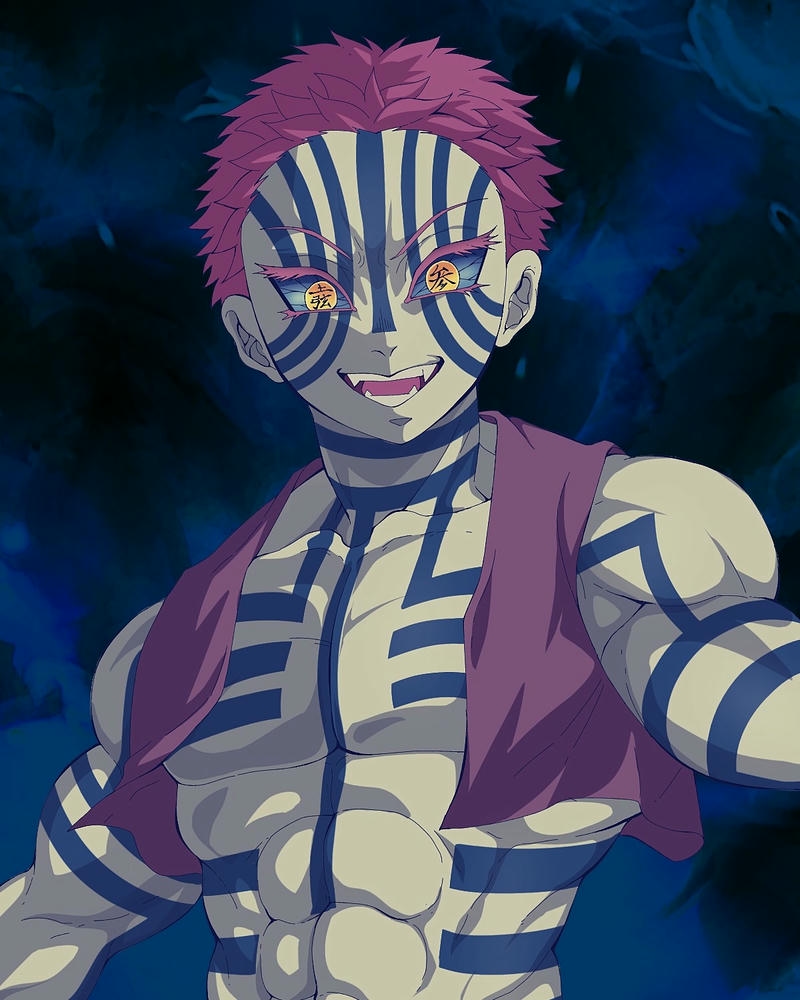 Akaza bùng nổ sức mạnh hào quang xanh bao quanh