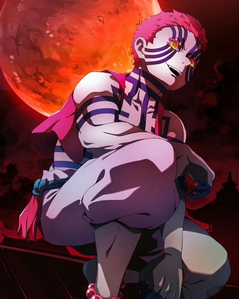 Akaza ngồi dưới ánh trăng đỏ máu đầy ma mị