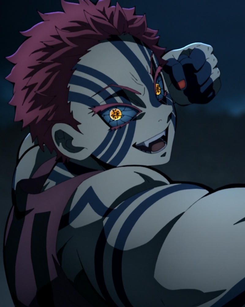 Akaza quay đầu nhìn lại với ánh mắt sắc lẹm