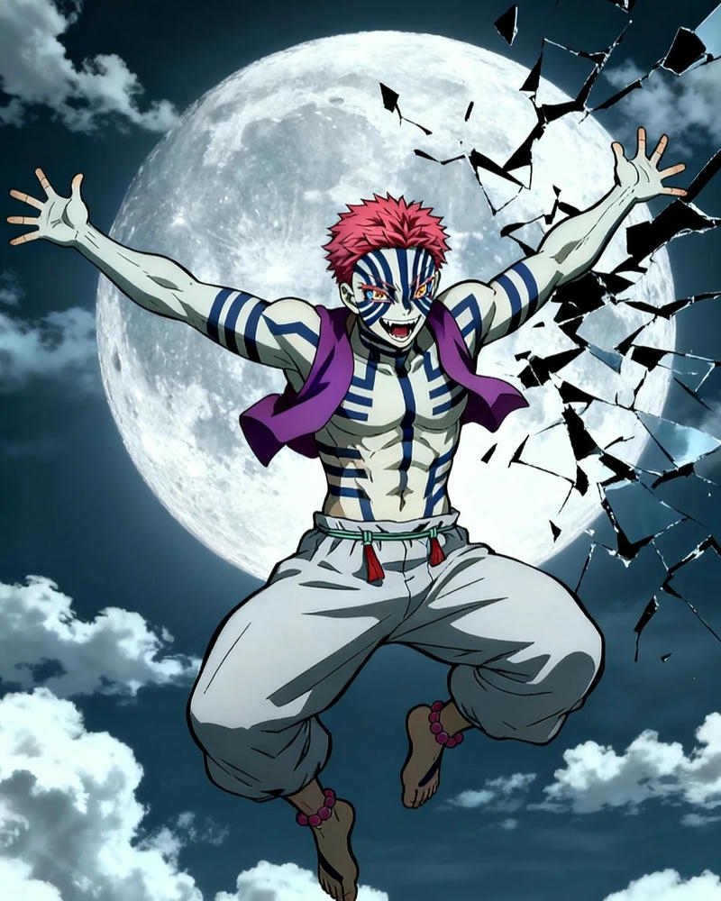 Ảnh Akaza bay nhảy trước mặt trăng tròn sáng rực