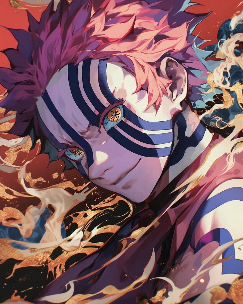 Ảnh Akaza cười nhếch mép đầy tự tin tàn bạo