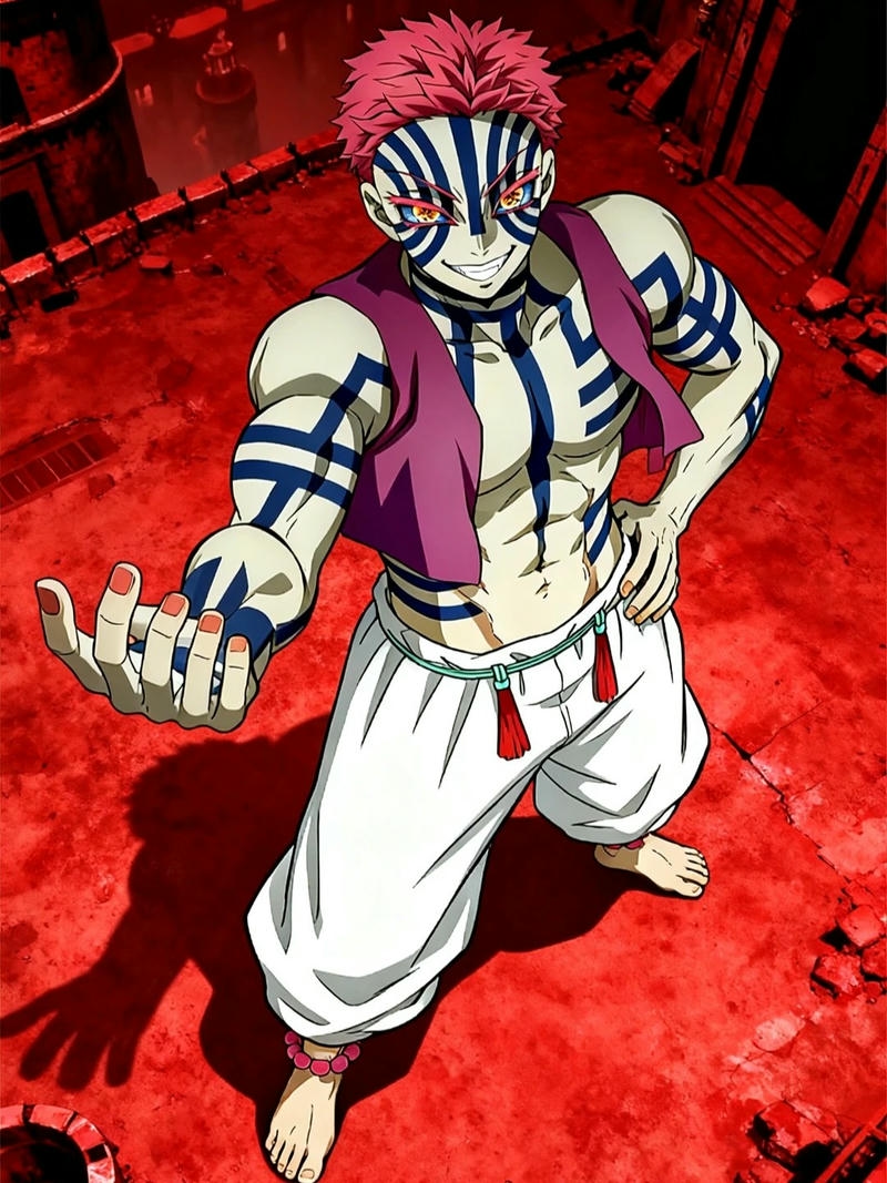 Ảnh Akaza nền đỏ rực rỡ tư thế võ thuật