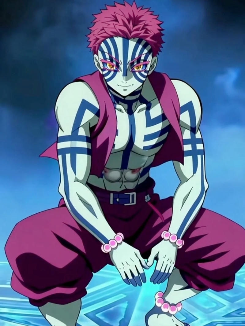 Ảnh Akaza ngồi xổm trên nền xanh nước biển đẹp