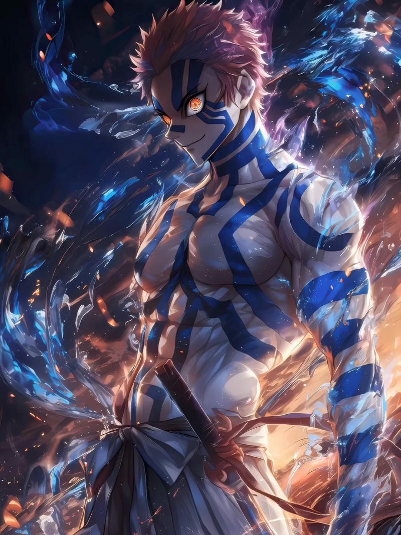 Ảnh Akaza toàn thân bao quanh bởi năng lượng xanh