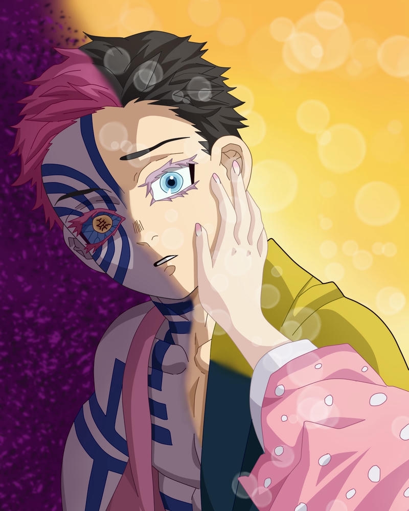 Ảnh Akaza vẻ mặt ngạc nhiên trên nền màu sắc