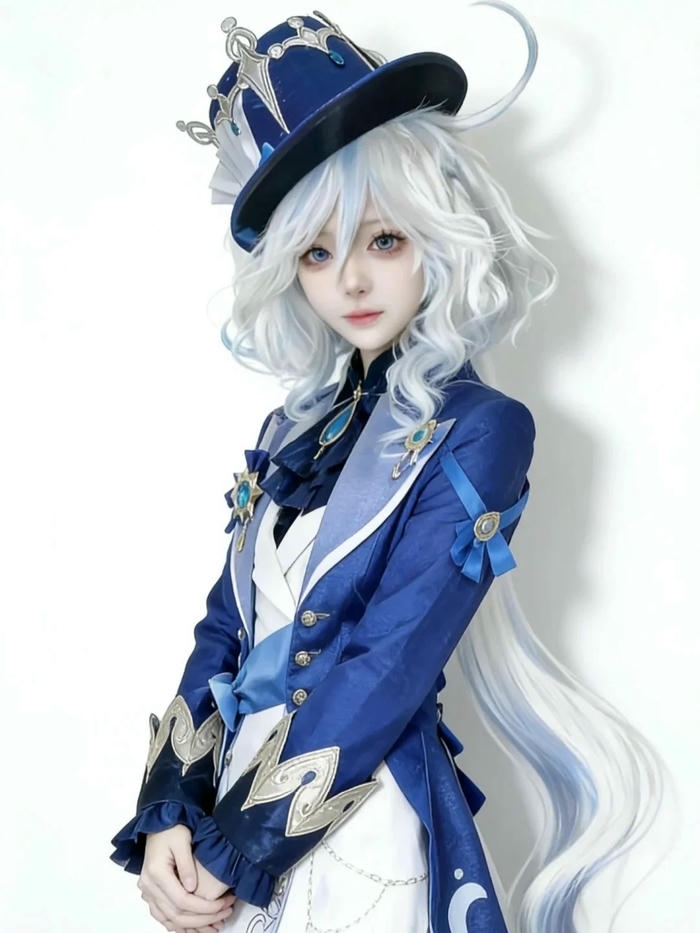 Ảnh Furina cosplay đứng thẳng nghiêm túc trên nền tường trắng