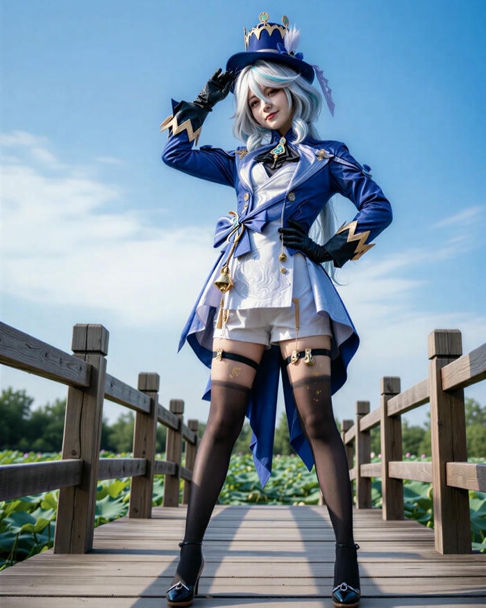 Ảnh Furina cosplay đứng trên cầu gỗ phong cảnh hữu tình