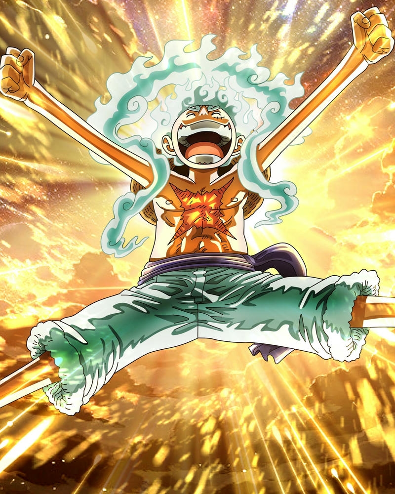 Ảnh Luffy Gear 5 nhảy lên cao giữa bầu trời xanh