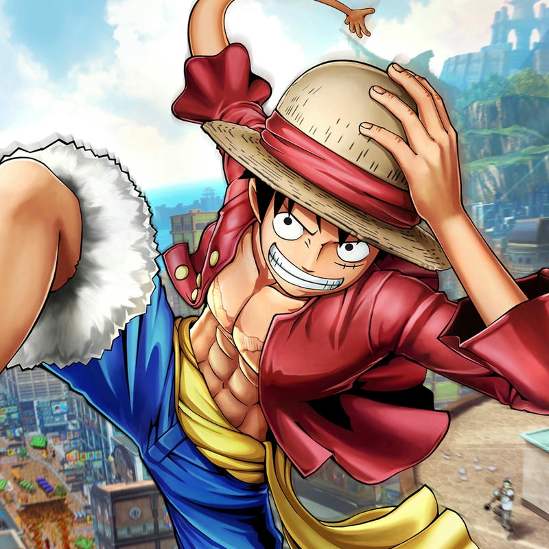 Ảnh Luffy mặc áo đỏ đội mũ rơm cười tươi tắn