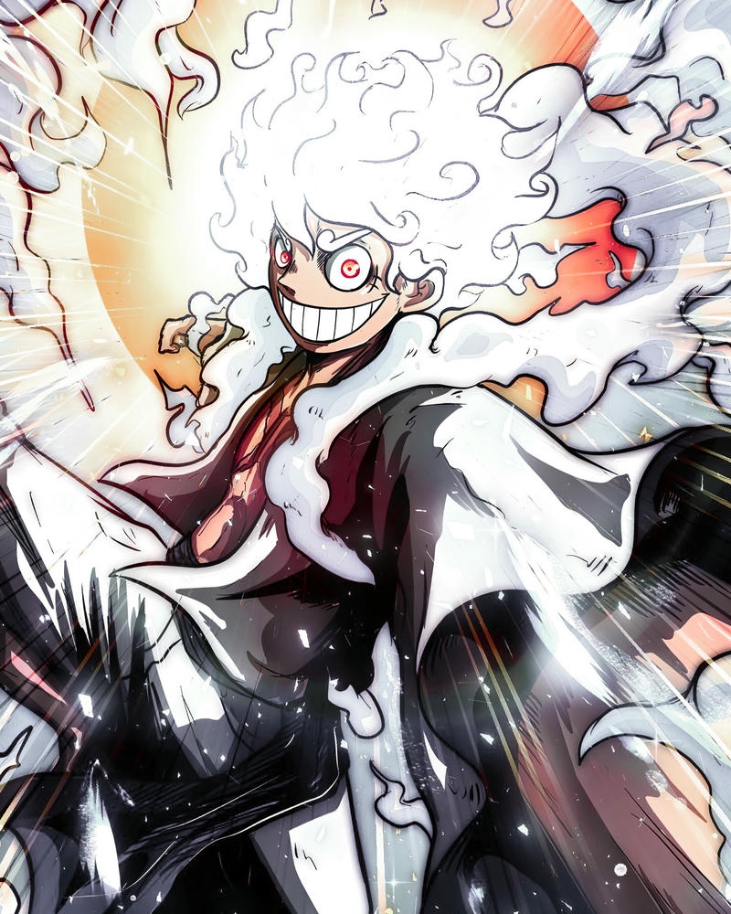 Ảnh Luffy thần mặt trời Nika tóc trắng dáng chiến đấu