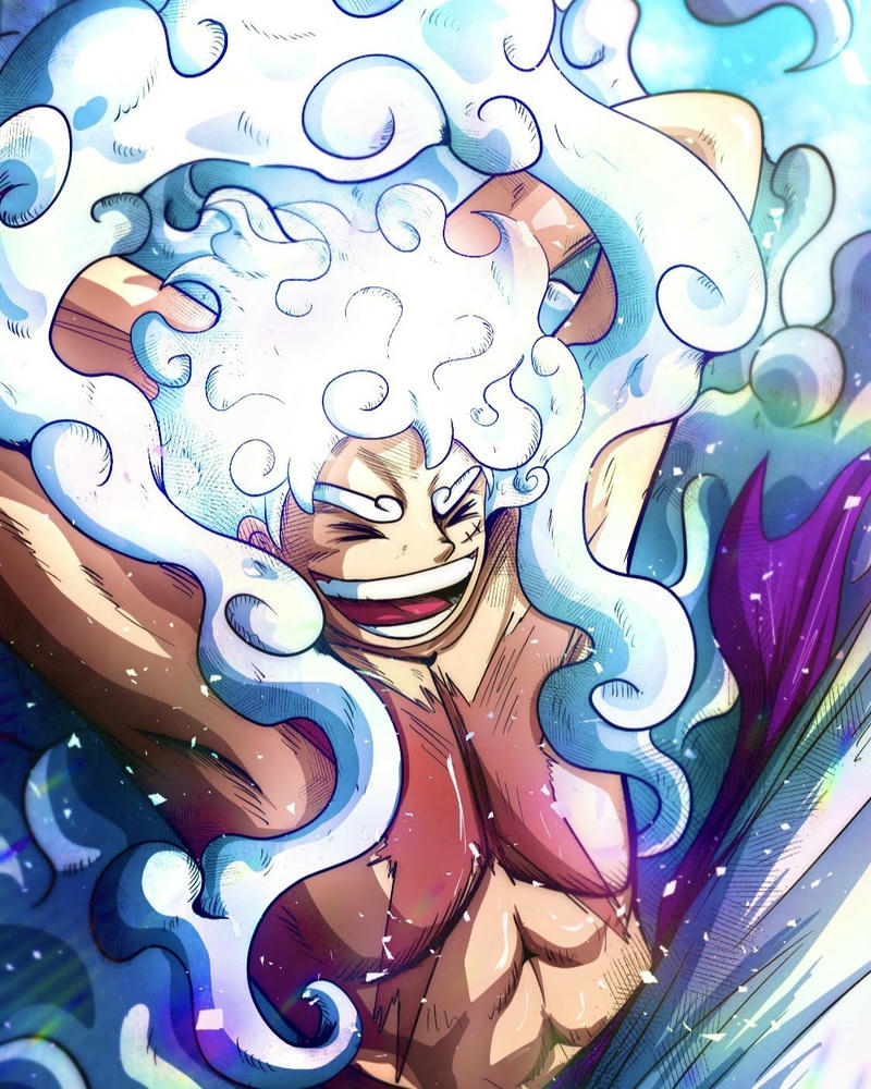 Ảnh Luffy tóc trắng bồng bềnh nền xanh dương huyền ảo