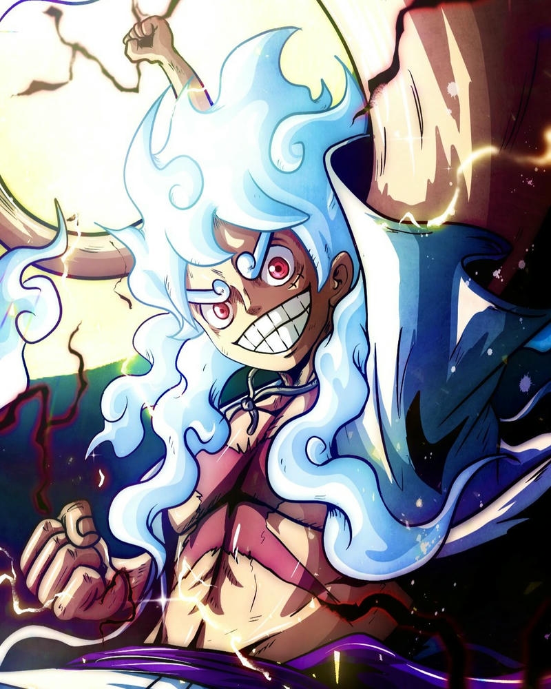 Ảnh Luffy tóc trắng mắt tím trạng thái Nika cực ngầu