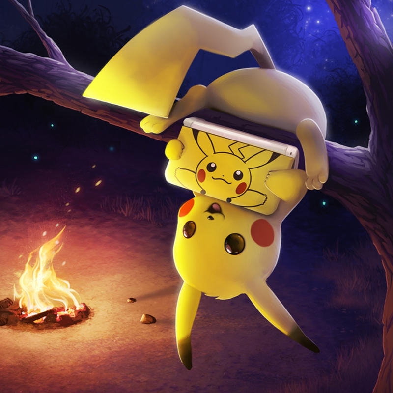 Ảnh Pikachu đội mũ thám hiểm ngồi bên đống lửa trại