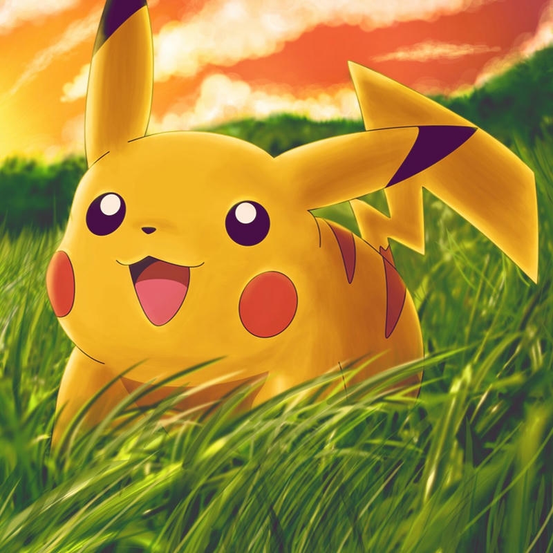 Ảnh Pikachu ngồi trên cỏ dưới ánh hoàng hôn ấm áp