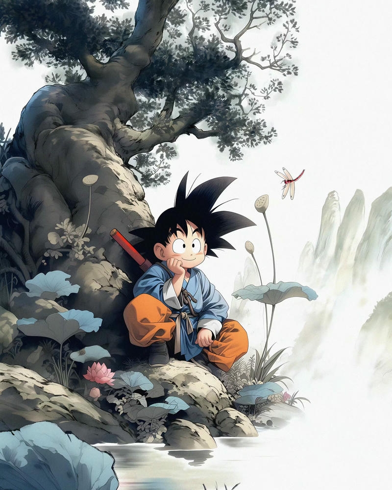 Ảnh SonGoku ngồi nghỉ ngơi thư giãn bên gốc cây cổ thụ